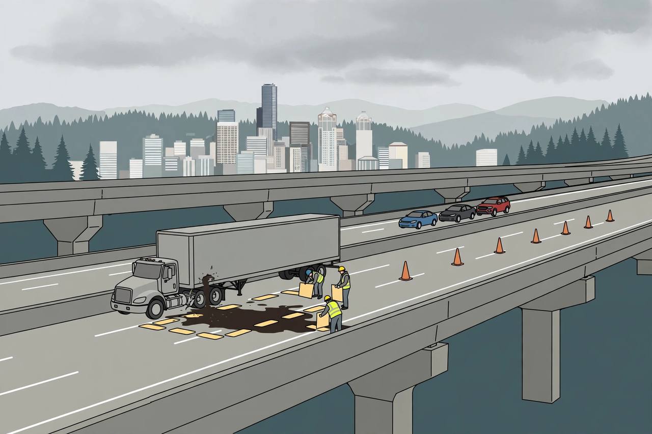 Editorial illustration of a semi truck with a diesel spill being cleaned up on a Seattle interstate, with lanes closed by cones