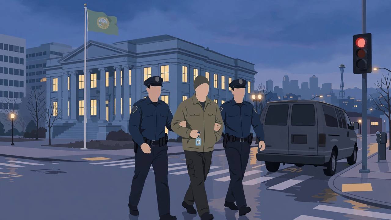 Editorial illustration of a state office building in Washington with a generic employee being escorted by immigration officers during a traffic stop