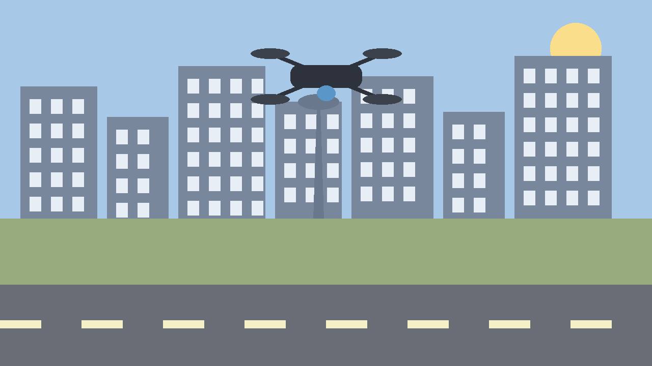 Editorial illustration of a generic quadcopter drone above a plain city skyline and road, flat style, no people, no text, no real place depicted