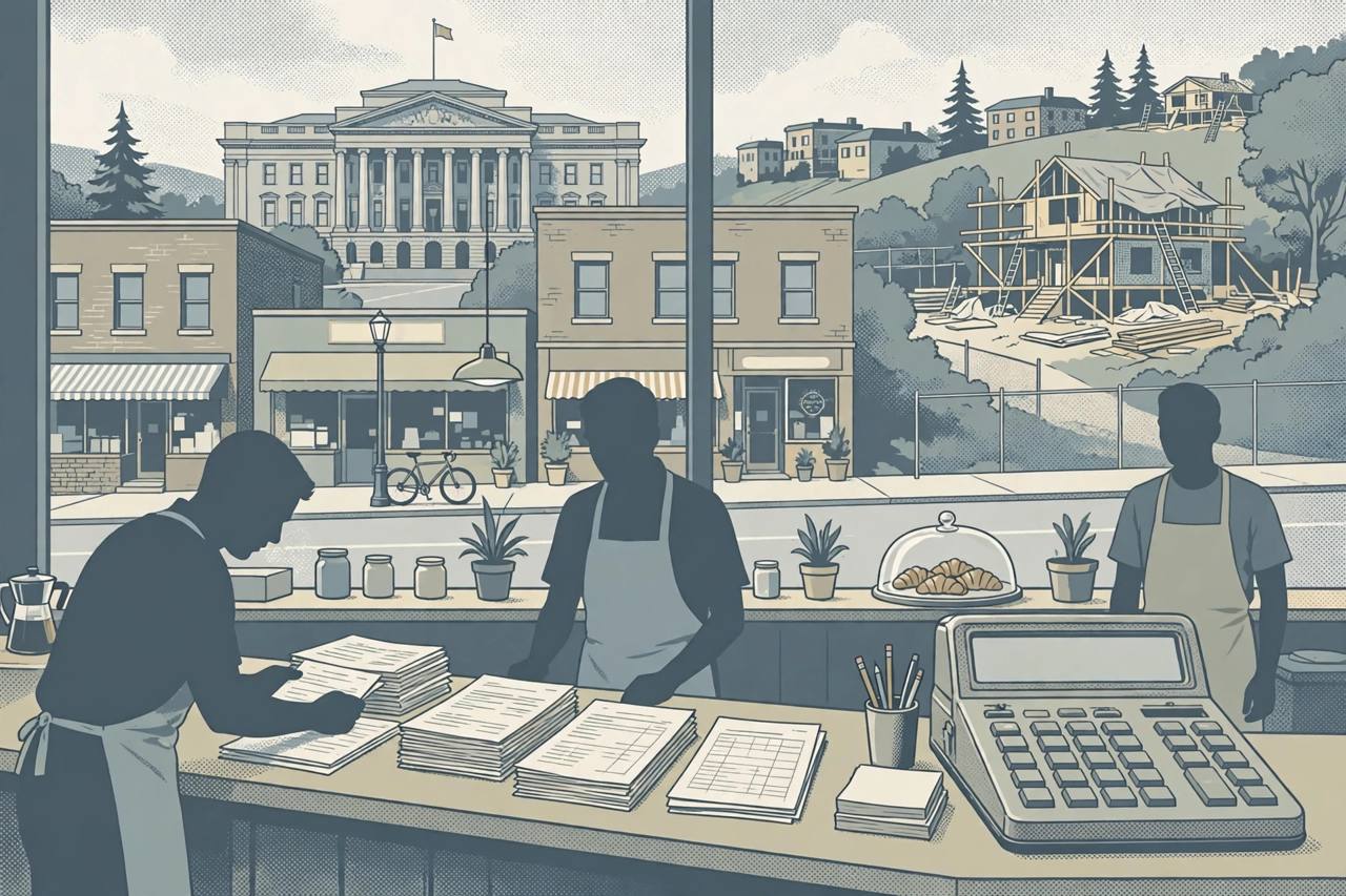 Editorial illustration of a Seattle Capitol Hill restaurant, payroll documents and a federal courthouse, flat style, no real person depicted