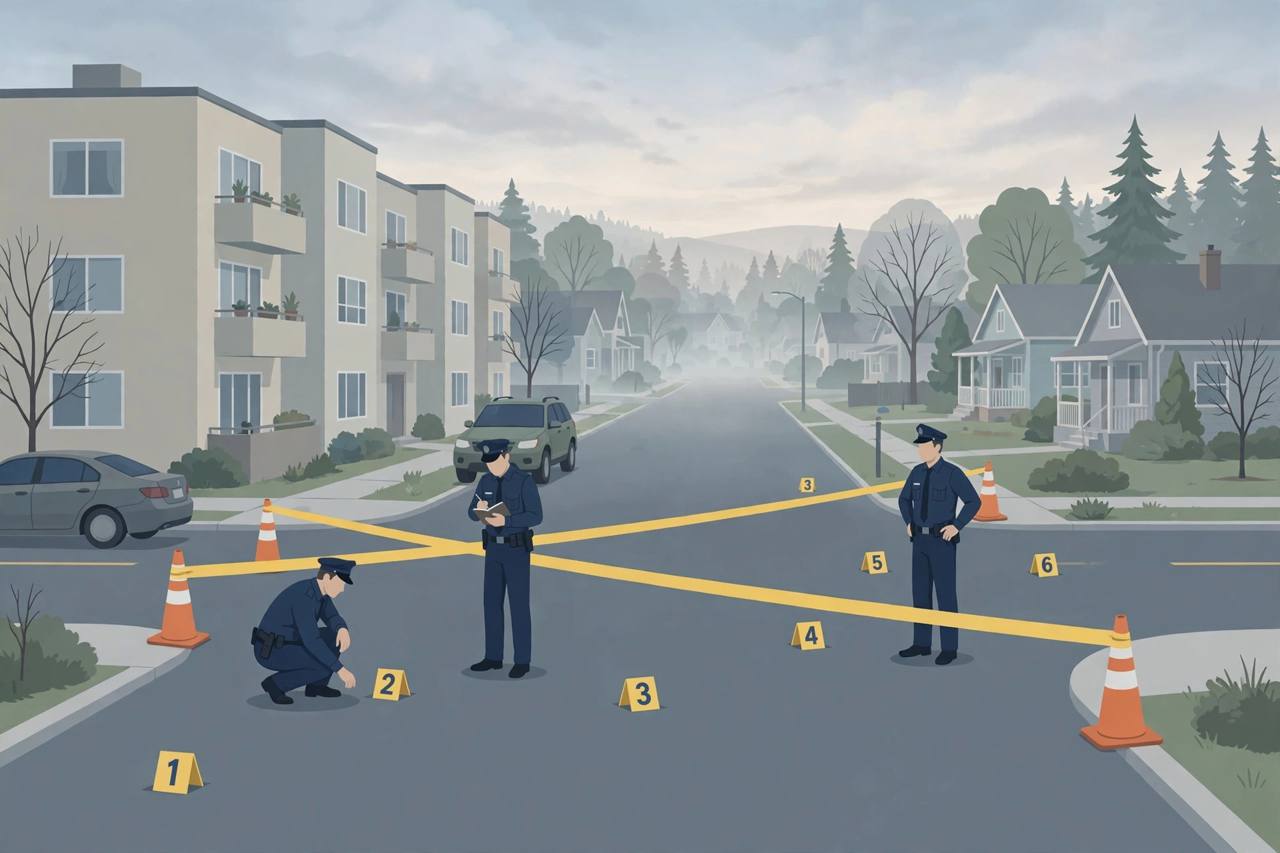 Editorial illustration of a cordoned-off residential intersection in north Seattle at dawn, with generic police officers and evidence markers; the shooting itself is not depicted