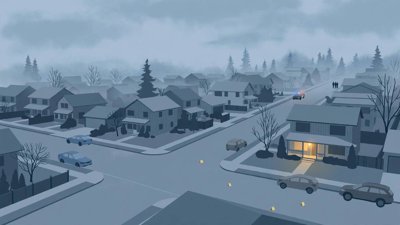Editorial illustration of a generic residential street intersection in Seattle's Northgate neighbourhood at early morning, with small evidence markers on the pavement and a police car parked at a distance; no people are identified and no injuries are shown