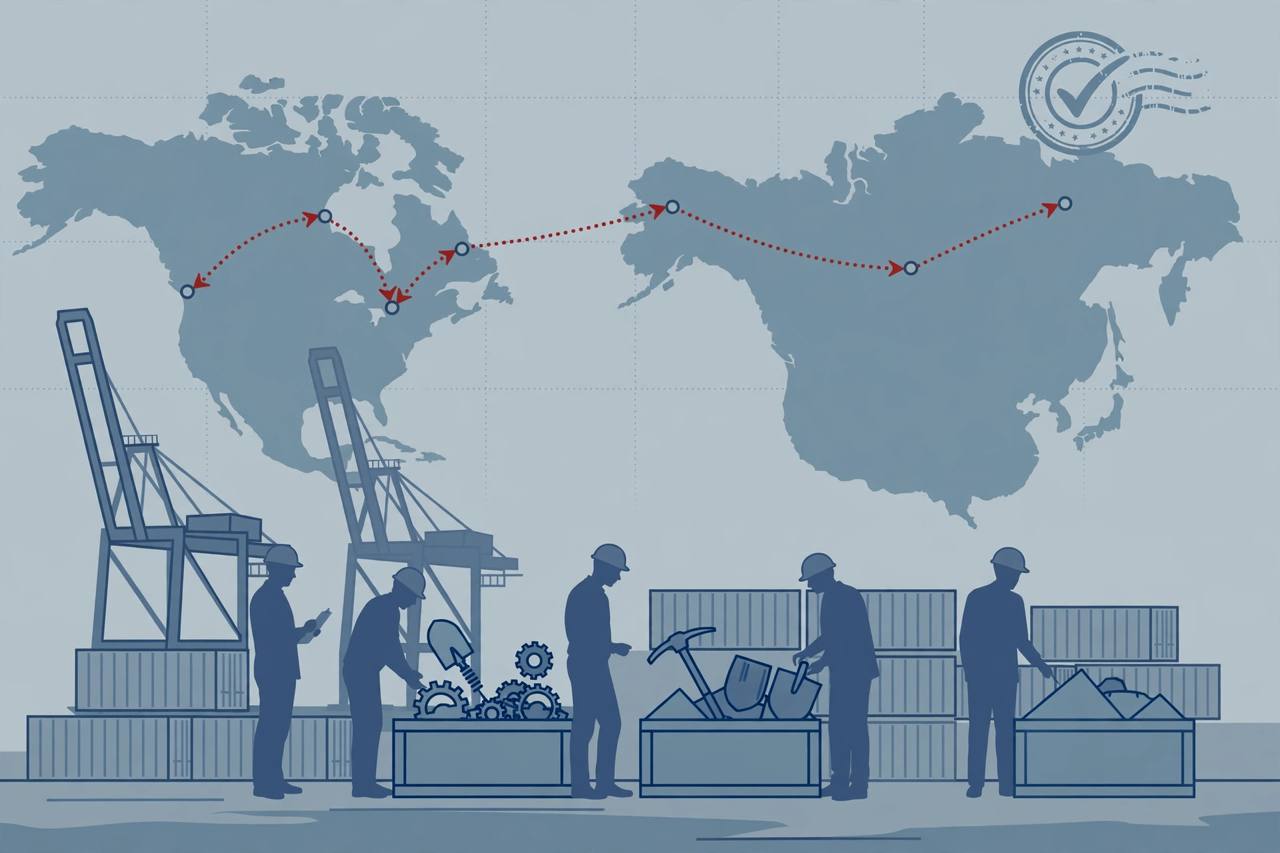 Editorial illustration of a Seattle port warehouse with shipping containers and mining equipment crates, with a dotted route map from Seattle through three transit countries toward Russia