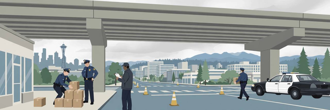 Editorial illustration of a city street under an elevated highway with generic officers and evidence boxes