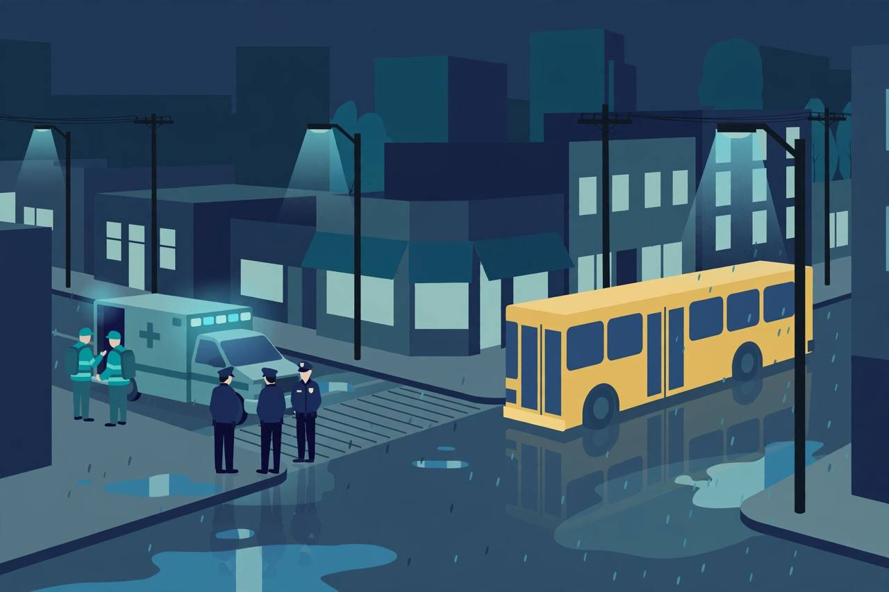 Editorial illustration of a city bus stopped at night at a street corner in Seattle's Rainier Valley with generic police officers, paramedics and an ambulance nearby, street lights and wet pavement, in muted navy and teal colours