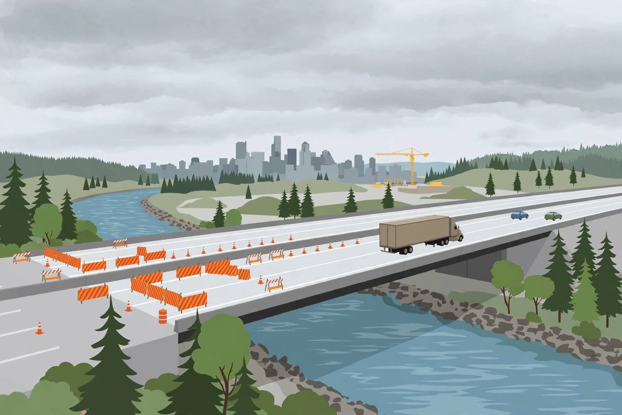 Editorial illustration of a highway bridge over a canal near Seattle with a semi truck in open lanes, orange construction barriers closing other lanes, evergreen trees and a distant skyline