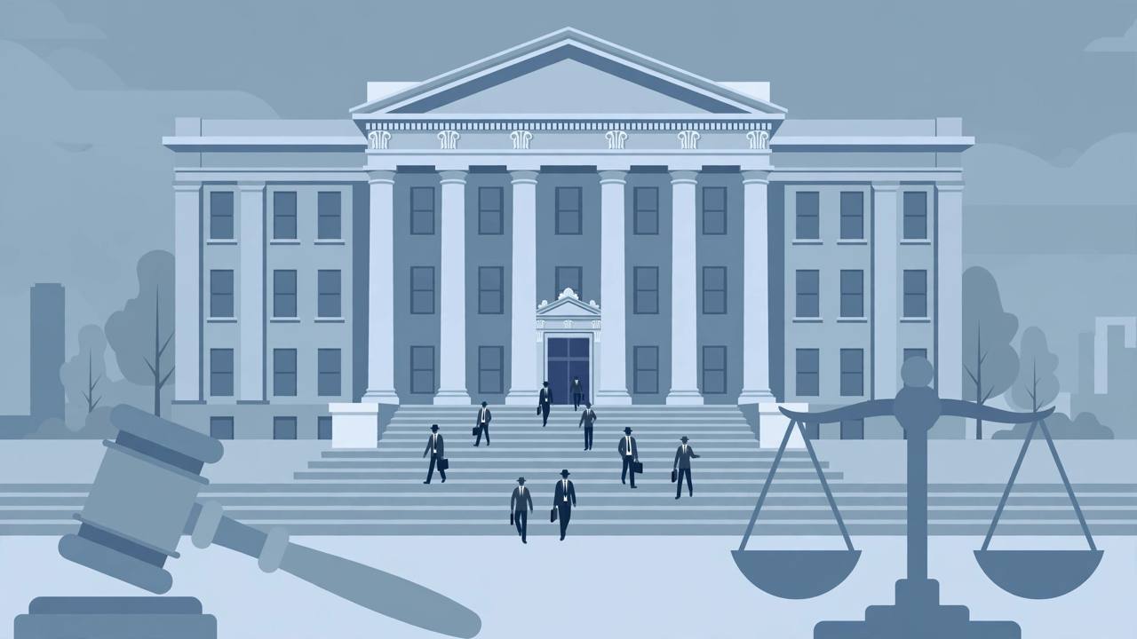 Editorial illustration of a generic Seattle courthouse with columns, a gavel and scales of justice, generic silhouetted figures, flat style, no real person, no text