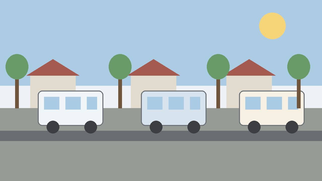Editorial illustration of generic recreational vehicles parked along a city street with houses and trees, flat style, no people, no text, no real place depicted
