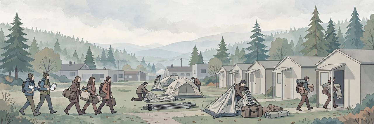 Editorial illustration of outreach workers guiding generic figures toward shelter buildings in a Seattle neighbourhood, flat style, no real person