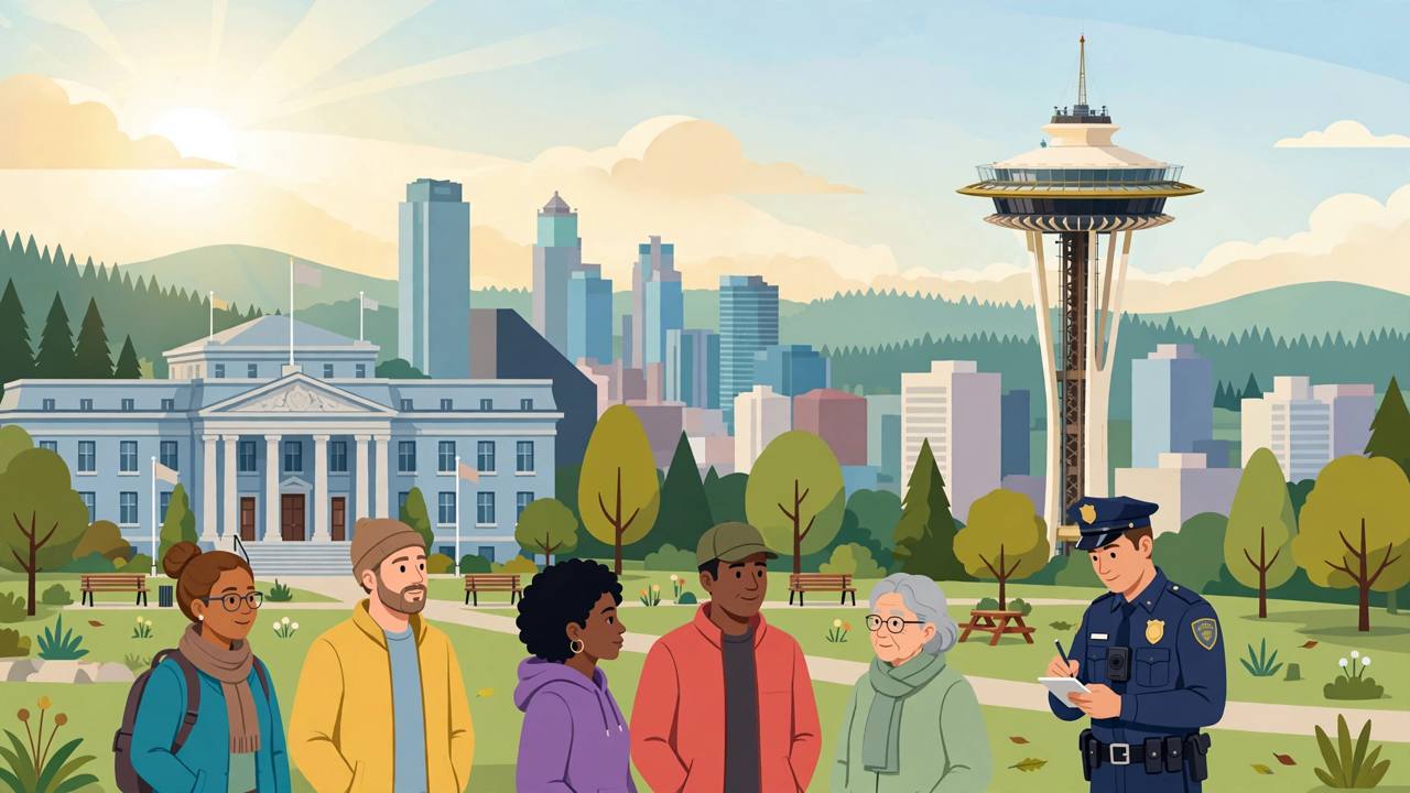 Editorial illustration of the Seattle skyline and Space Needle, with residents and a police officer documenting a scene in a city park