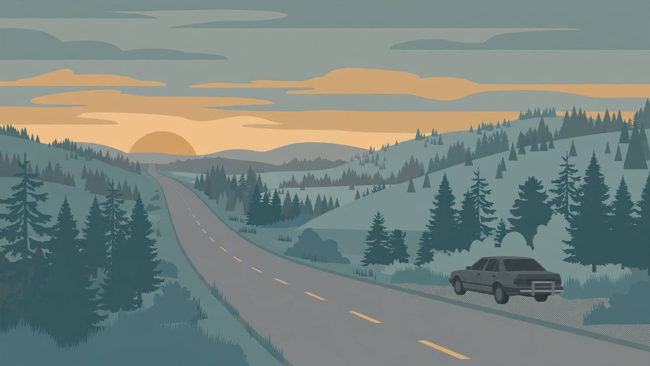 Editorial illustration of a generic rural highway at dusk with evergreen hills and a plain older sedan with push bars on the shoulder, flat style, no people, no text, no real place depicted
