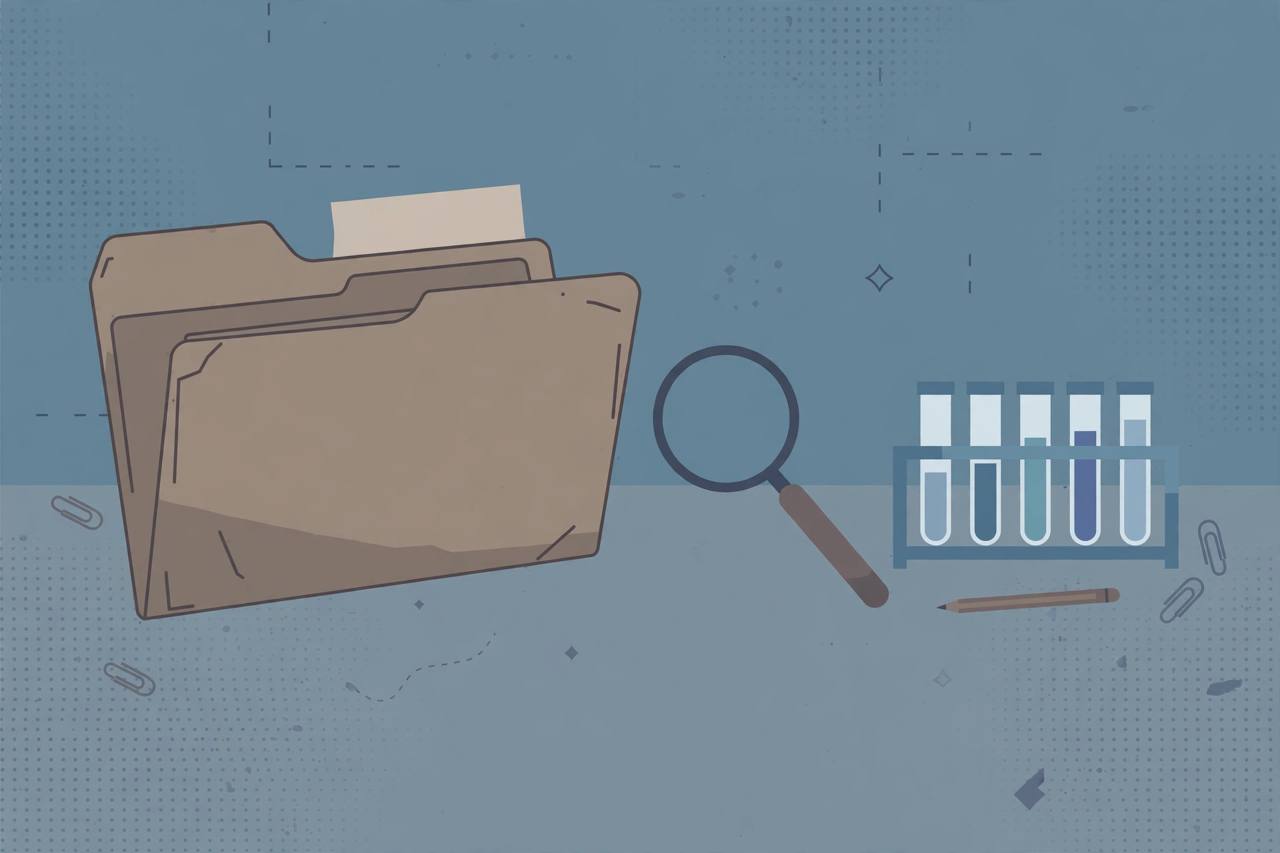 Editorial illustration of a cold-case file folder, magnifying glass and DNA tubes on a desk, flat style, no people, no text, no real place depicted