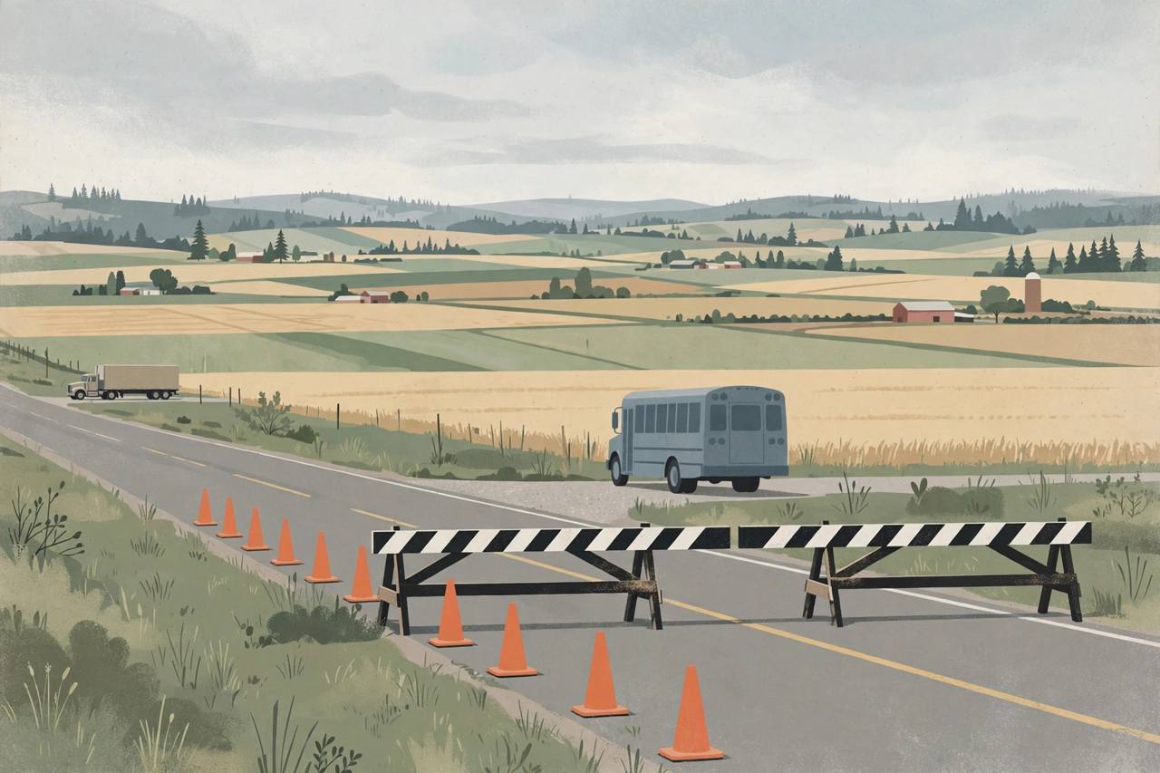 Editorial illustration of a generic closed rural highway with cones, a generic bus and semi truck parked apart in distance, flat style, no people, no crash scene, no text