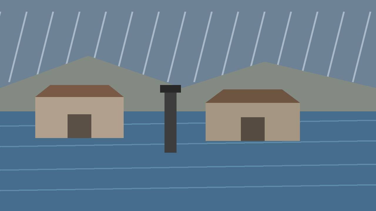 Editorial illustration of flooded homes beside a swollen river in heavy rain, flat style, no people