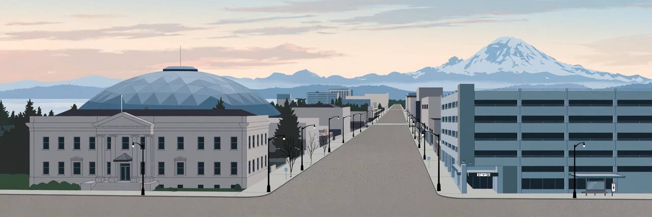 Editorial illustration of a quiet downtown Tacoma street at dawn with the Tacoma Dome and Mount Rainier in the distance