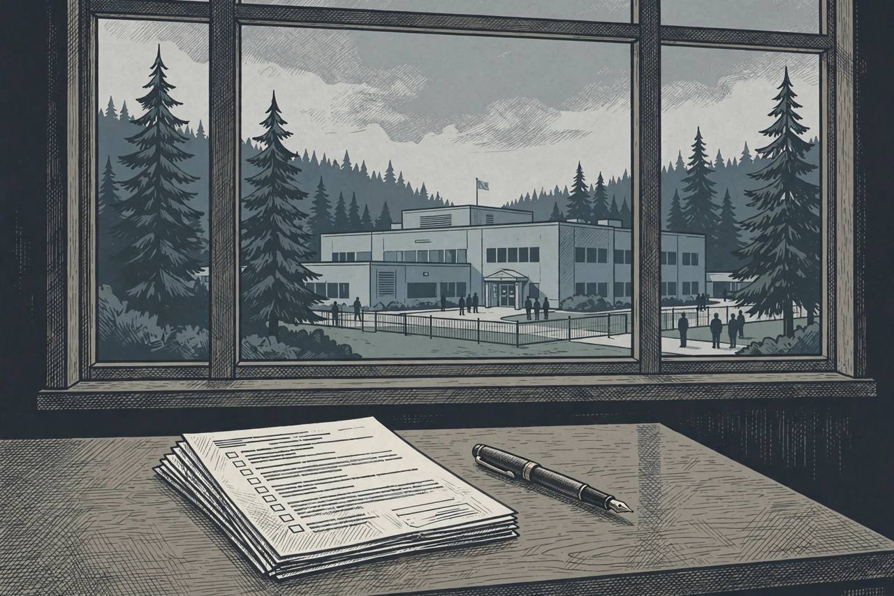 Editorial illustration of an immigration processing center in the Pacific Northwest seen through a window, with a contract and pen on a desk in the foreground