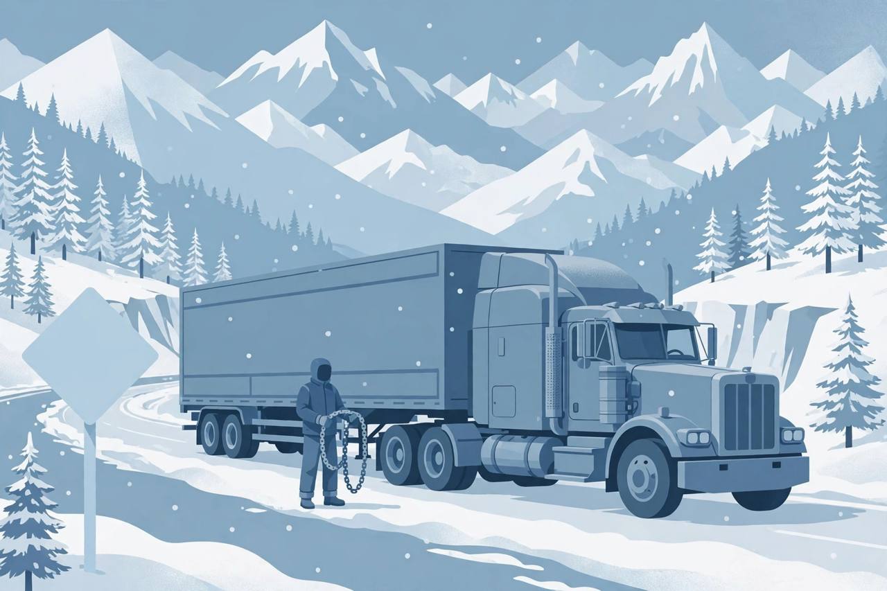 Editorial illustration of a semi truck carrying tire chains on a snowy Washington mountain pass highway