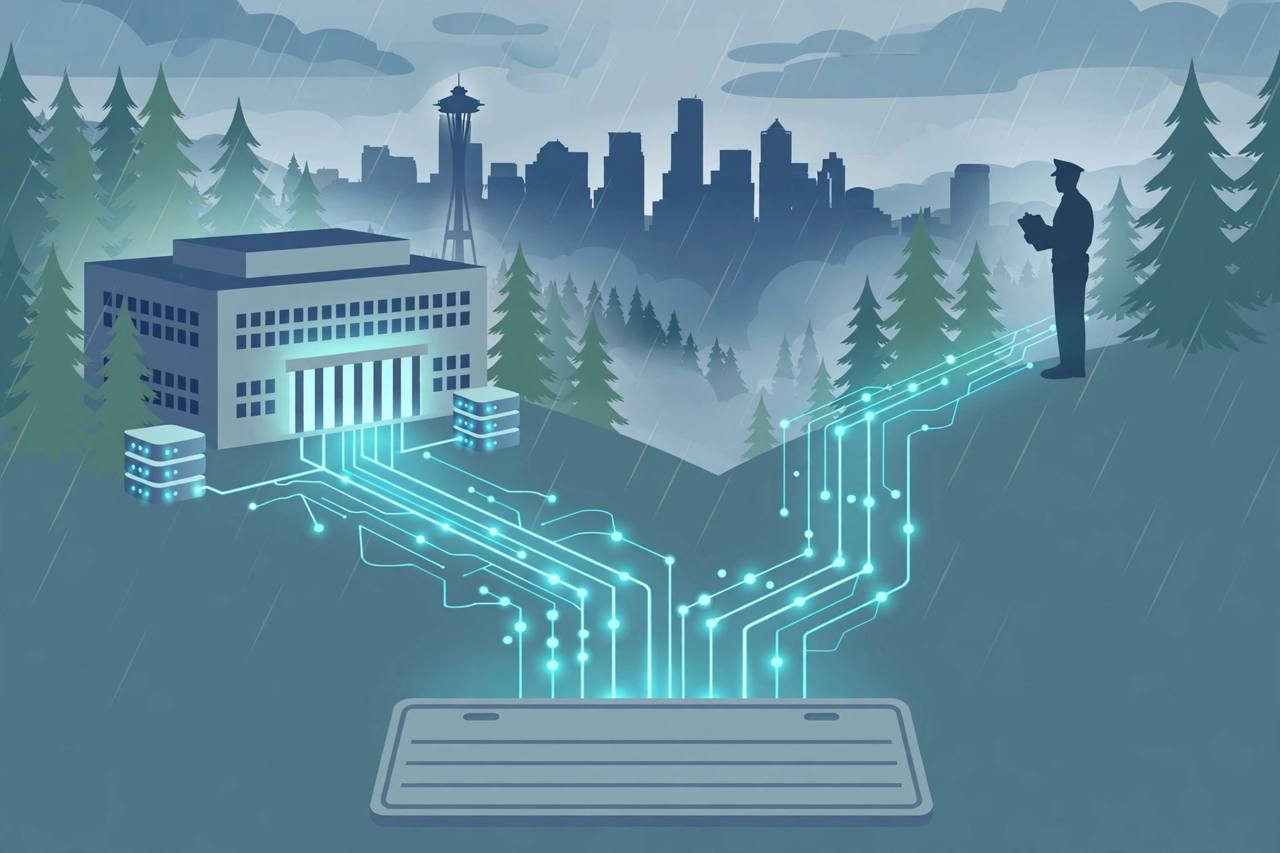 Editorial illustration of a blank license plate connected by glowing data lines to a government database building and an officer silhouette, with Seattle skyline and evergreen trees in rain