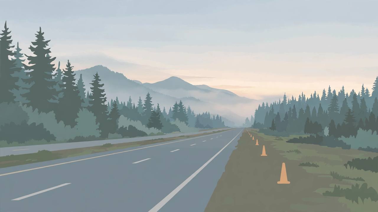 Editorial illustration of Interstate 5 in Washington at dawn with evergreen trees and an empty highway shoulder; the fatal crash itself is not depicted