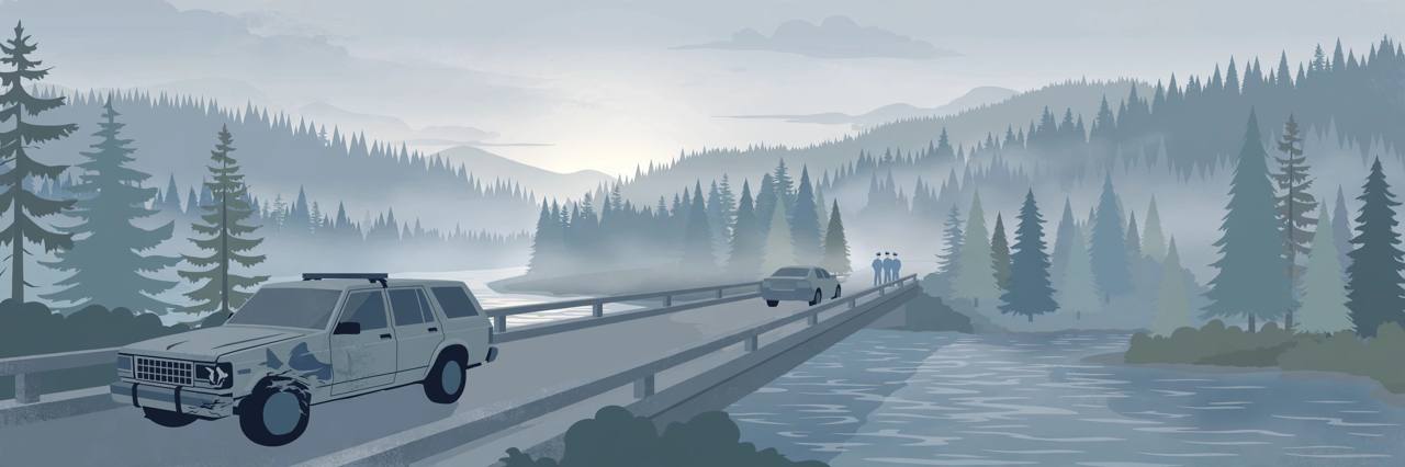 Editorial illustration of a damaged generic patrol SUV stopped on a river bridge in the Pacific Northwest at dawn, with pine forest in the background, flat style, no real person, no text