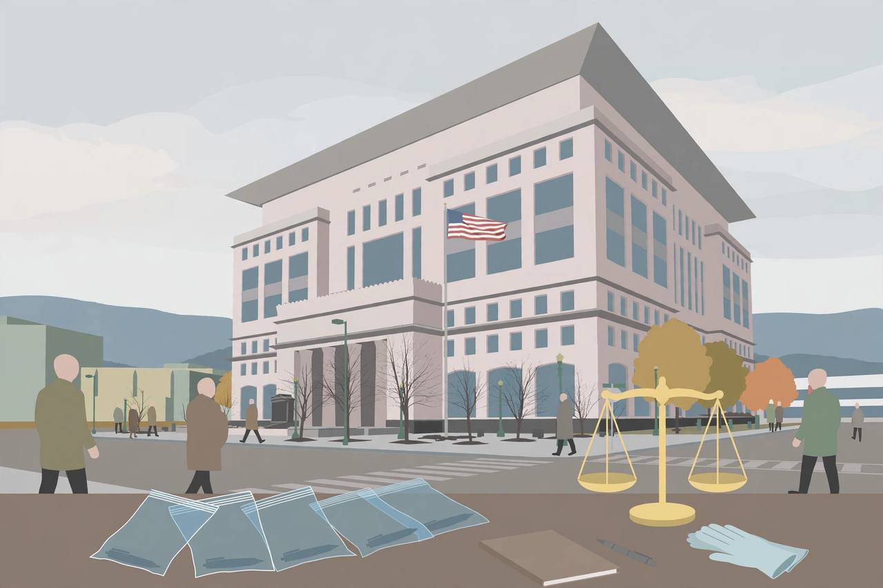 Editorial illustration of a Charleston, West Virginia federal courthouse with sealed evidence bags and a balance scale in the foreground