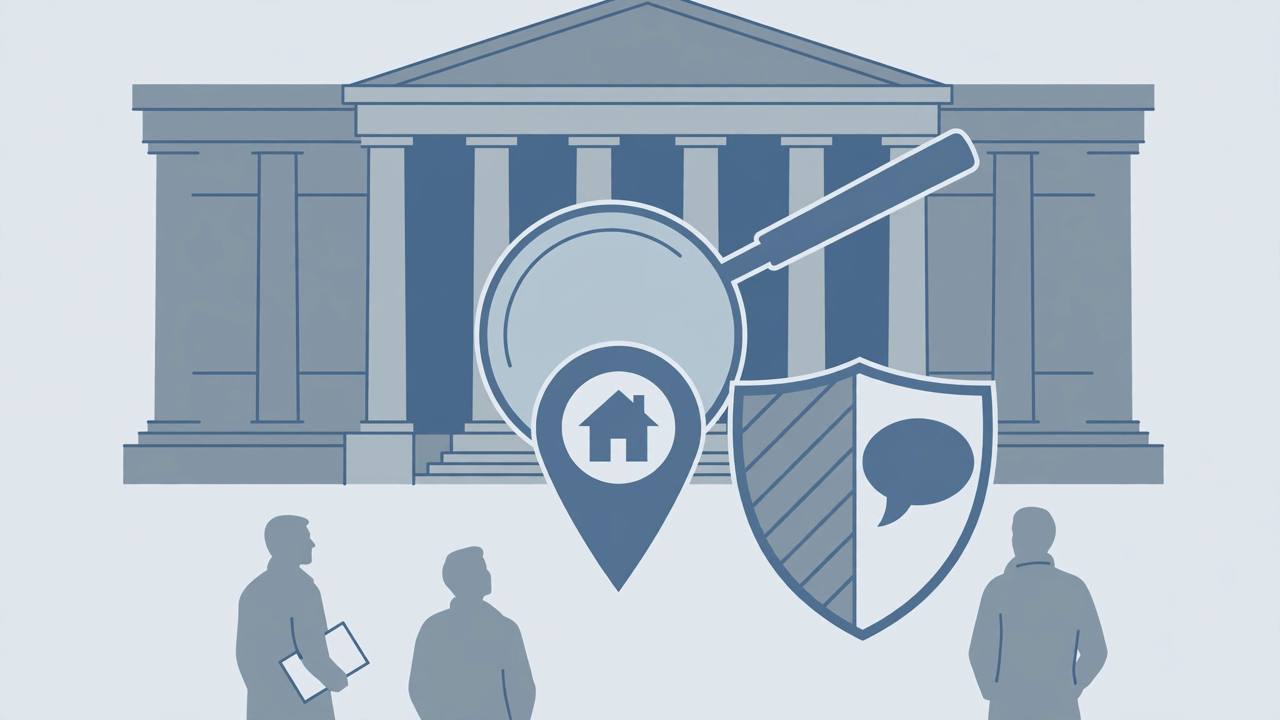 Editorial illustration of a courthouse, a magnifying glass over a house-shaped address pin, and a shield split by a speech bubble, symbolising the court fight over judges' address privacy and free speech