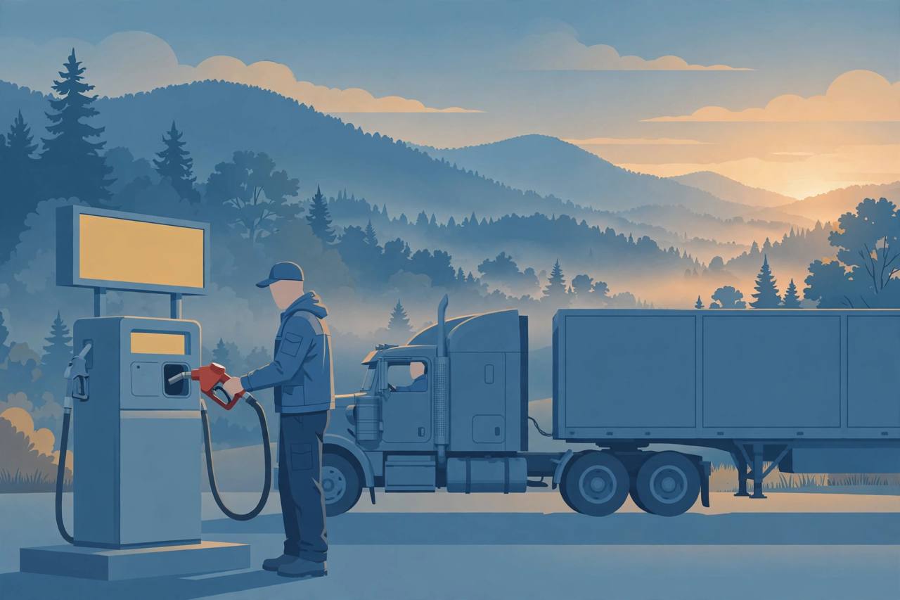Editorial illustration of a truck driver fuelling a semi truck with a red diesel nozzle in the West Virginia hills