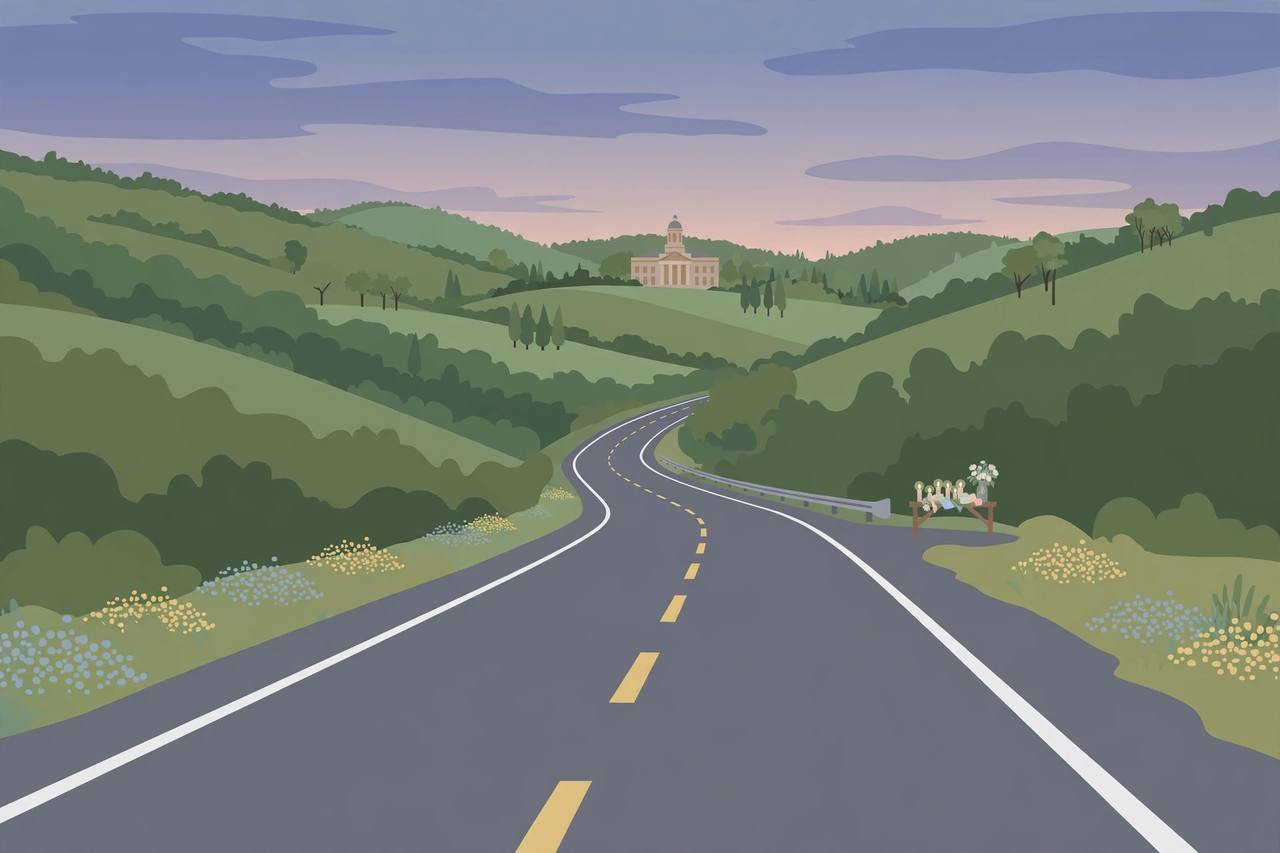 Editorial illustration of a quiet highway through Appalachian hills in Logan County, West Virginia, at dusk; no incident depicted