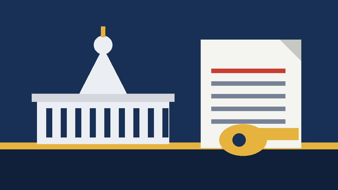 Editorial illustration of a government building, a fraud report document and a whistle, representing the new federal fraud whistleblower reward program