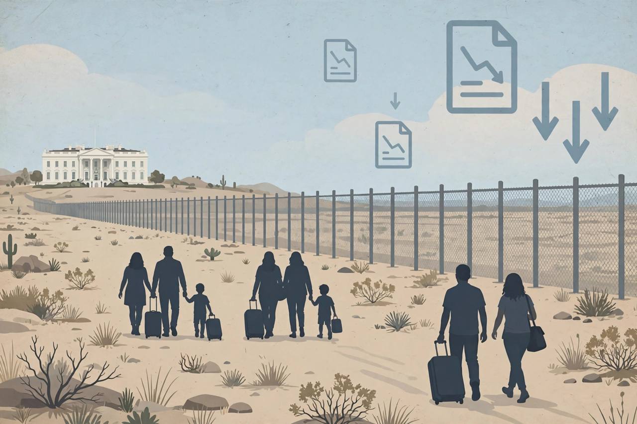 Editorial illustration of the White House, a southern border fence and generic migrant families walking away with suitcases