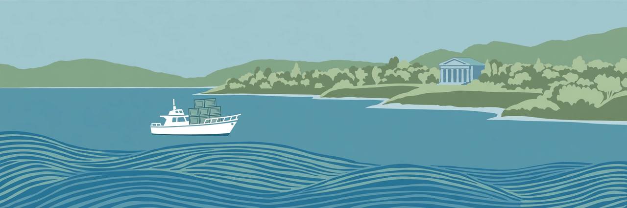 Editorial illustration of a small yacht carrying sealed crates on open sea near a coastline with a generic courthouse building, flat style