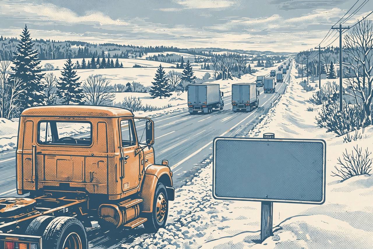Editorial illustration of semi trucks on a snowy Wisconsin highway with an empty truck cab parked in the foreground