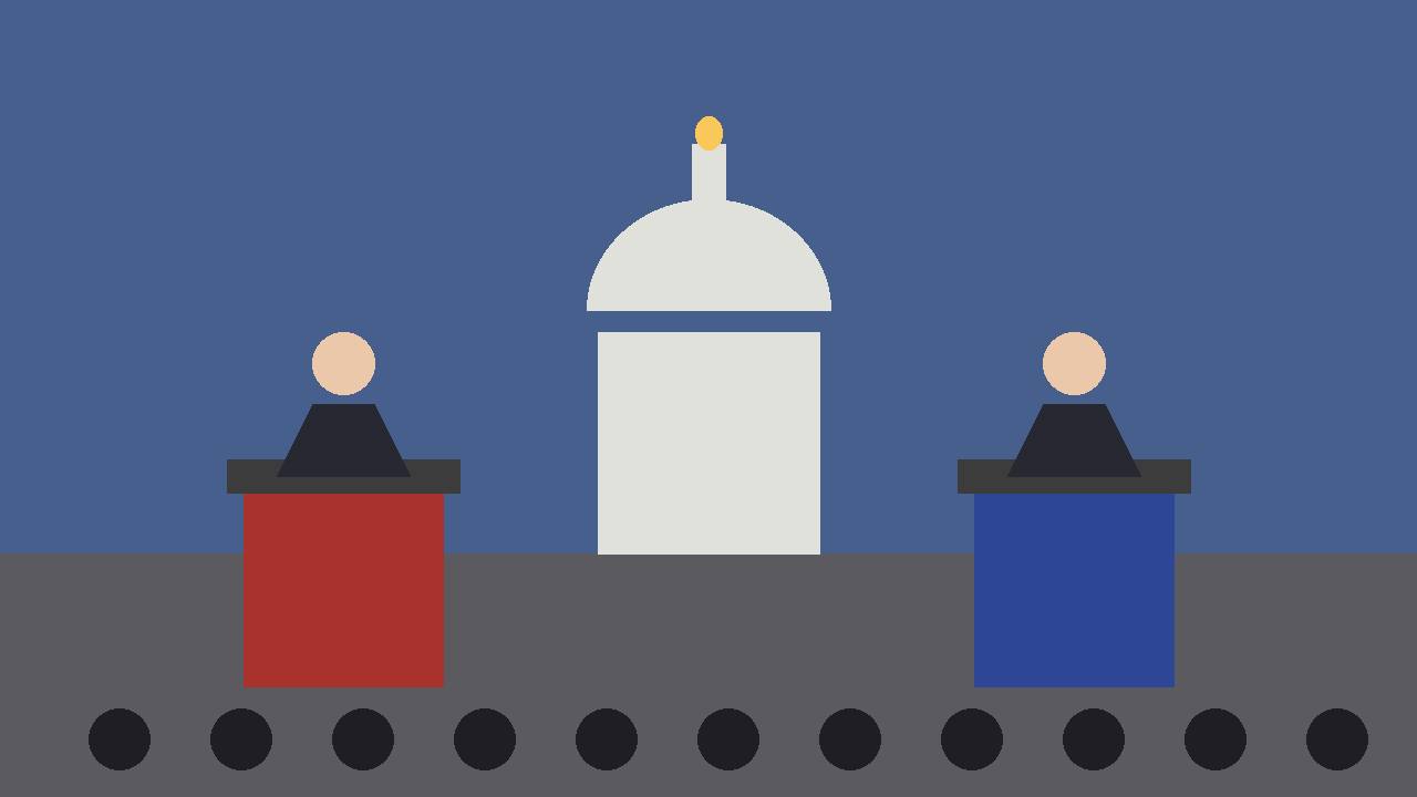 Editorial illustration of two generic candidates at debate podiums in front of a state capitol dome in Wisconsin