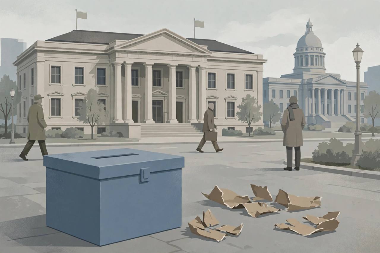 Editorial illustration of a sealed ballot box in front of a generic city hall and courthouse, with torn paper seal pieces on the ground