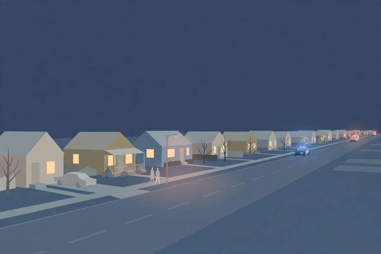 Editorial illustration of a quiet residential street in Green Bay, Wisconsin at night, flat style, no real person depicted