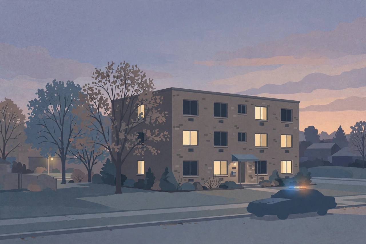 Editorial illustration of an apartment building in Kenosha, Wisconsin, at dusk with a police car outside