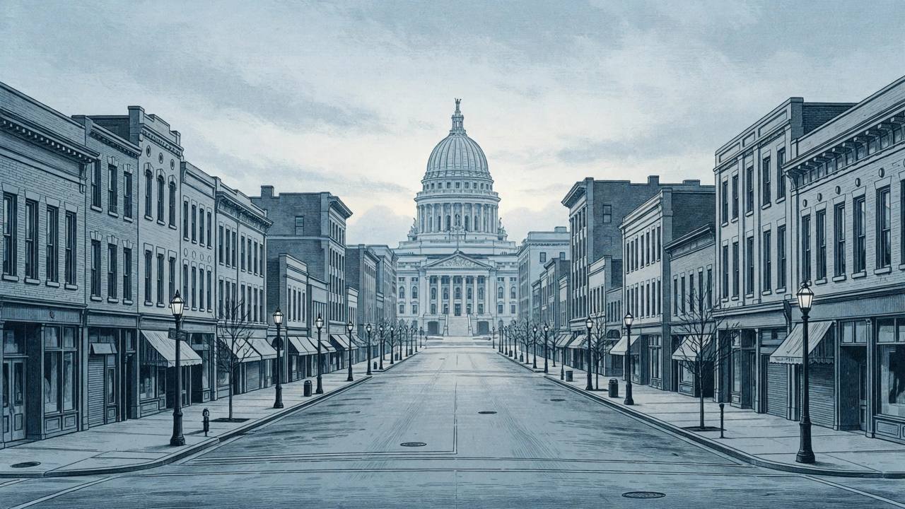 Editorial illustration of a downtown Madison street at dawn with a white-domed state capitol in the background, flat style, no people, no text and no real person's face