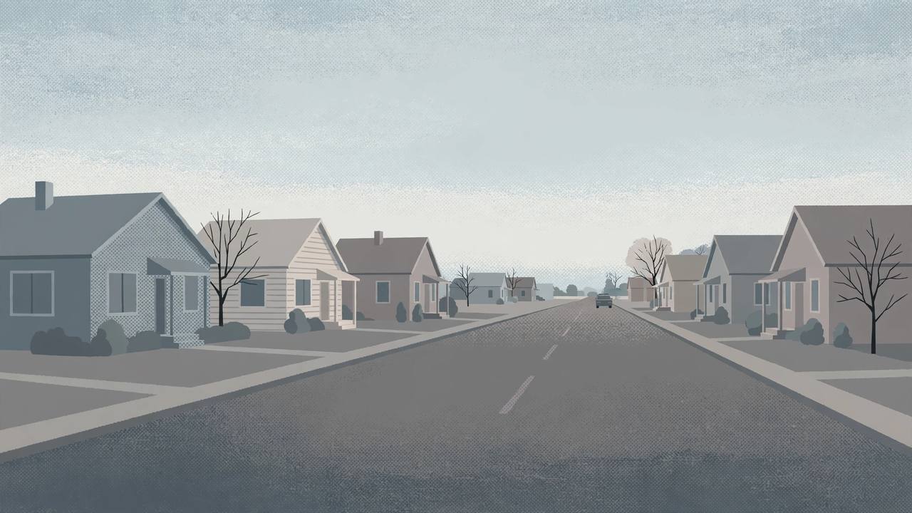 Neutral editorial illustration of a quiet Milwaukee residential street at dawn with a police car parked at a distance; no people and no incident depicted