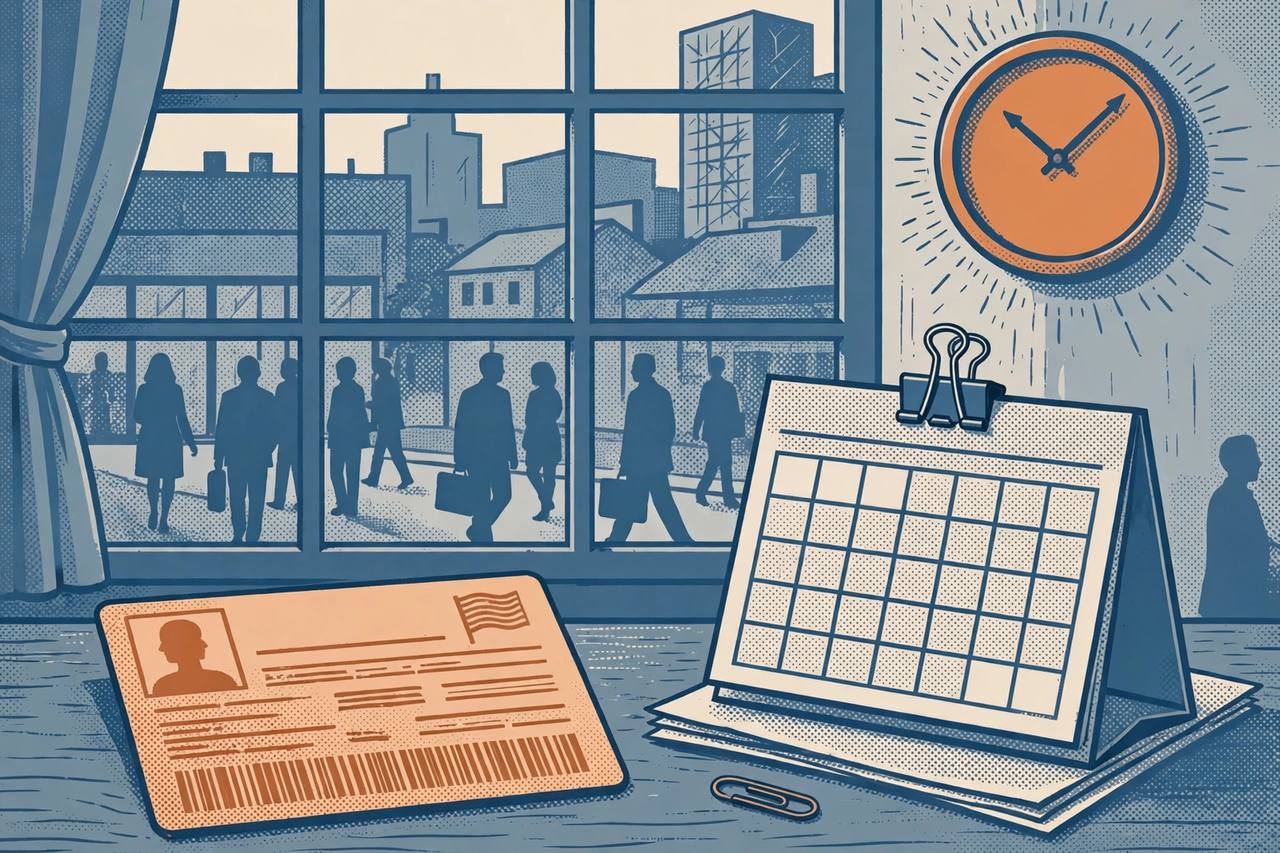 Editorial illustration of a work permit card and a calendar on a desk beside a wall clock, with silhouetted workers passing an office window