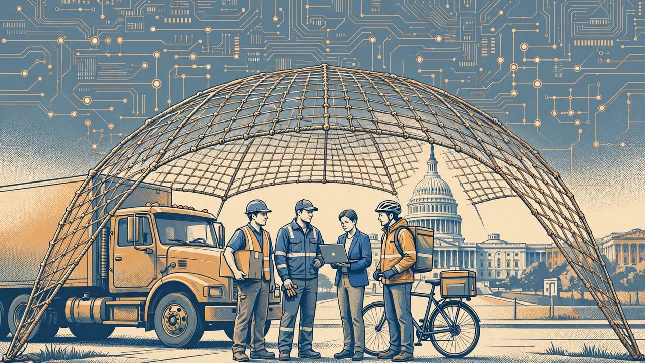 Editorial illustration of generic American workers — a warehouse worker, a truck driver beside a semi, an office worker with a laptop and a gig delivery rider — standing under a woven safety net in front of the US Capitol, with a circuit-board pattern in the sky