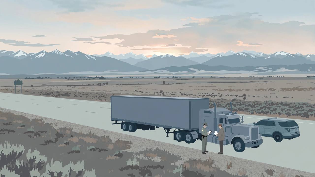 Editorial illustration of a sheriff's deputy checking a truck driver's paperwork beside a semi truck on a Wyoming interstate at dawn, with snow-capped mountains behind