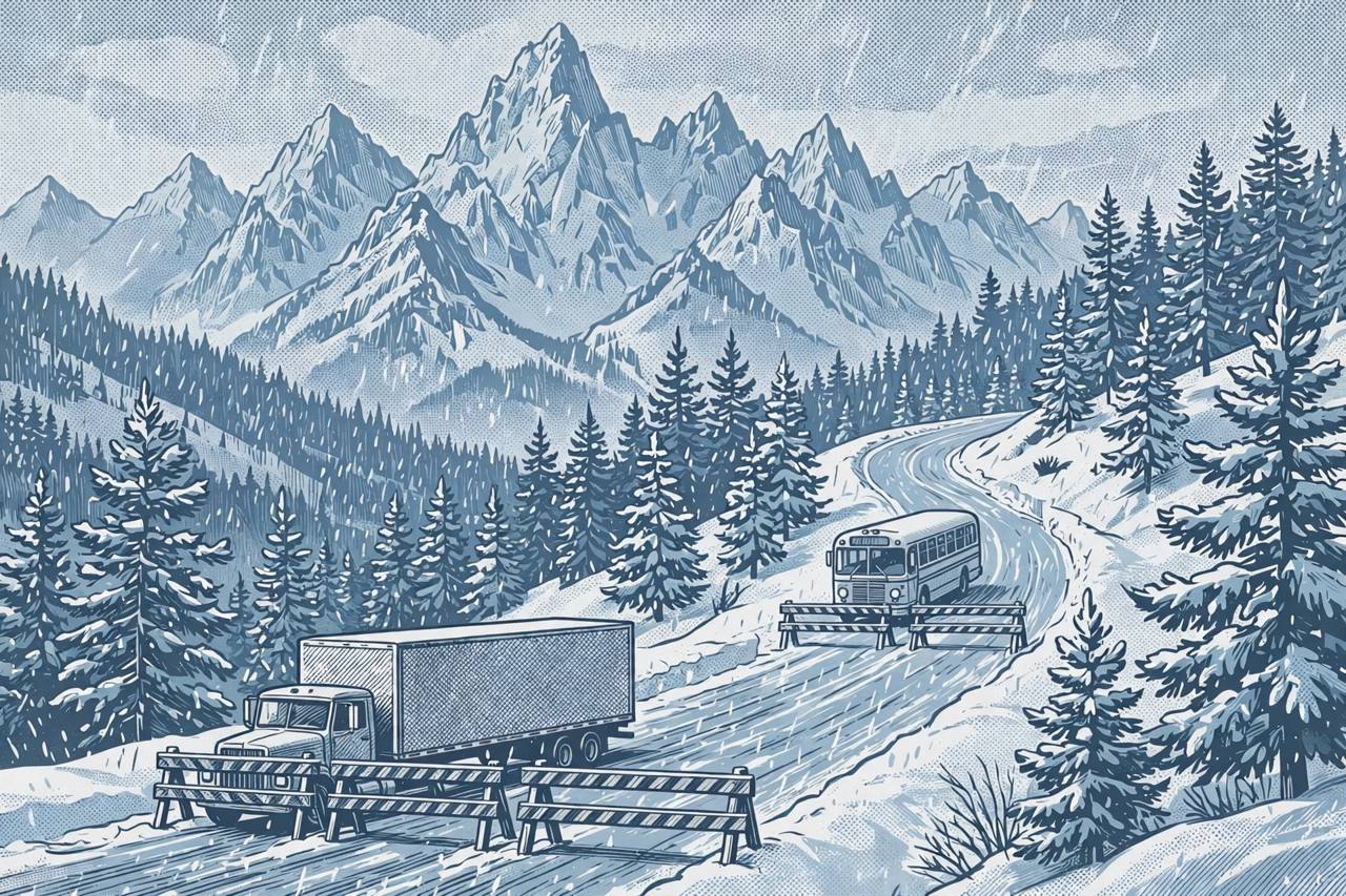 Editorial illustration of a steep snowy mountain pass in Wyoming with generic semi trucks stopped on an icy winding road and closed-road barriers, flat style, no real person depicted