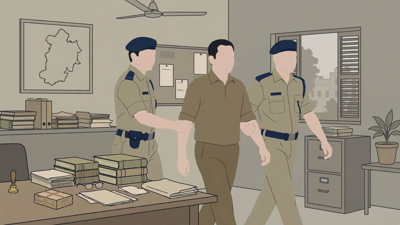 Editorial illustration of vigilance officers escorting an official from a Punjab revenue office with land-record registers