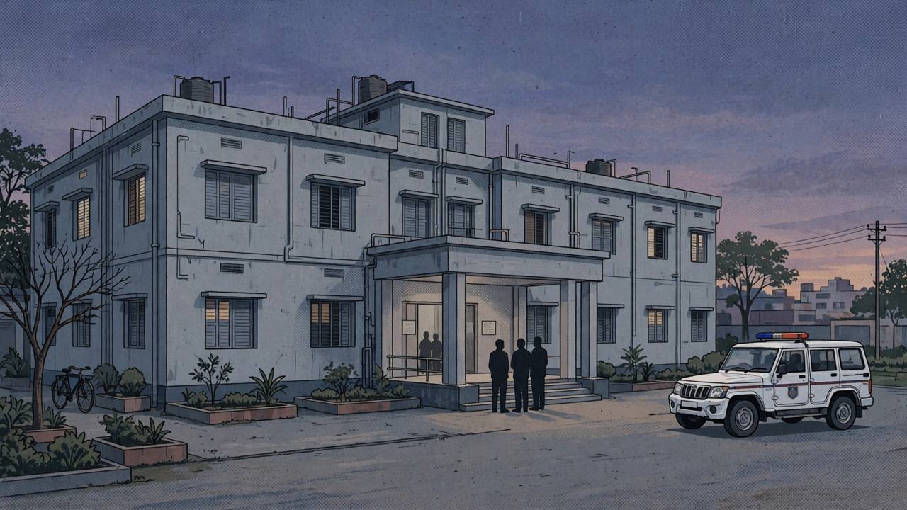 Editorial illustration of a district hospital building exterior in Asansol at dusk with a West Bengal Police vehicle parked outside and generic silhouetted figures standing quietly near the entrance