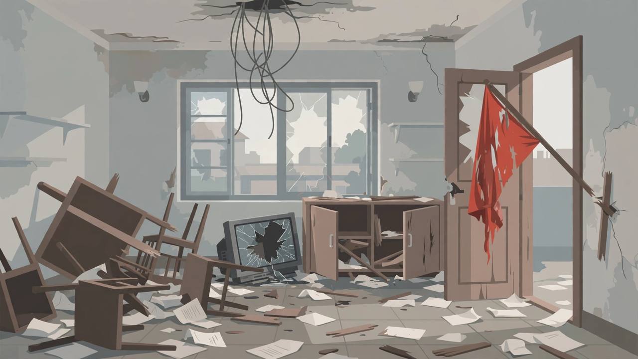 Editorial illustration of a vandalised political party office interior in Canning, with broken furniture, a smashed television and a torn red flag