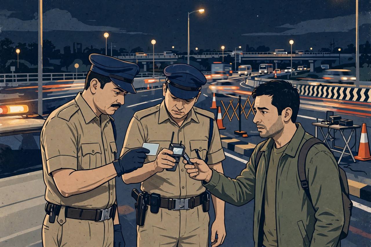 Editorial illustration of traffic police officers examining a suspicious identity card presented by a man at a night-time expressway checkpoint in Dum Dum