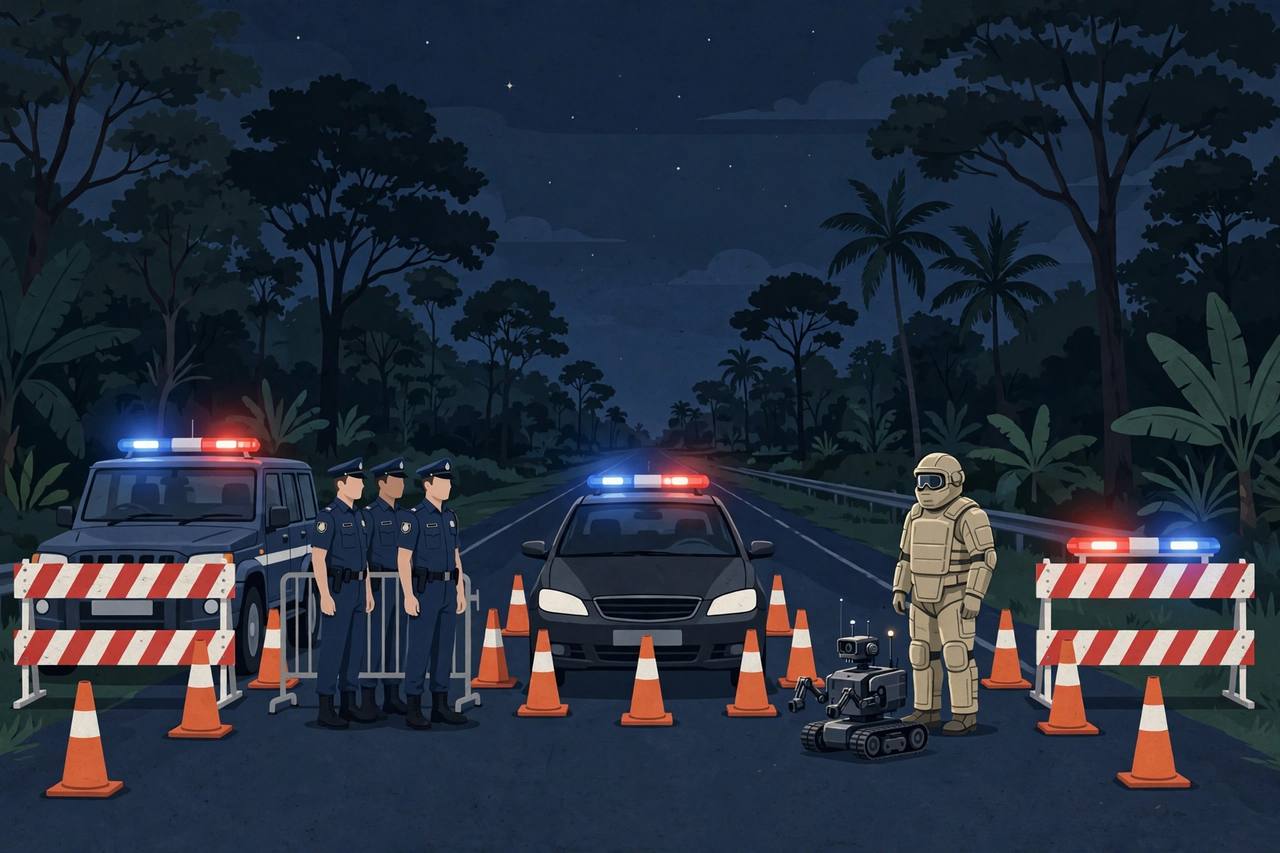 Editorial illustration of a night-time highway checkpoint with a stopped car, a police barricade and a bomb-disposal officer with a robot