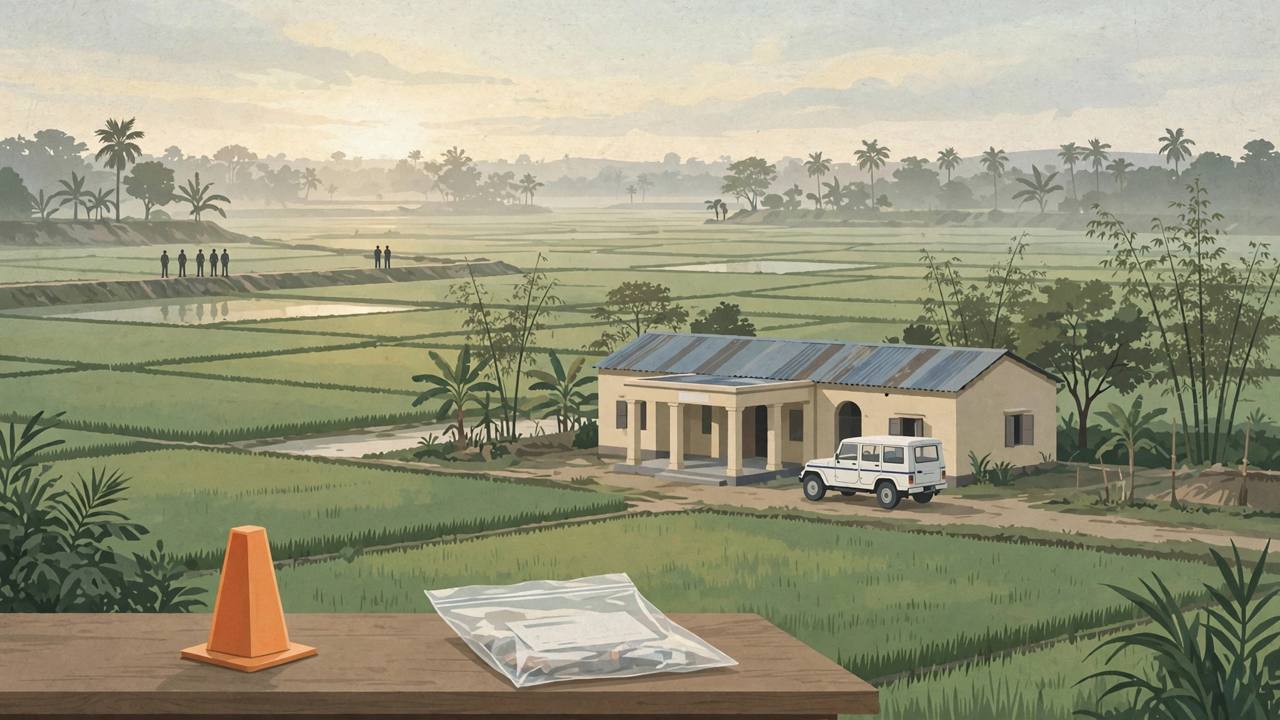 (Editorial illustration) A rural police station beside paddy fields in Murshidabad district at dawn, with a generic police jeep outside