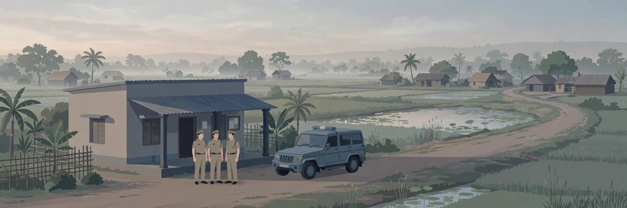Editorial illustration of police officers outside a rural police station in West Bengal at dawn, beside a quiet village road