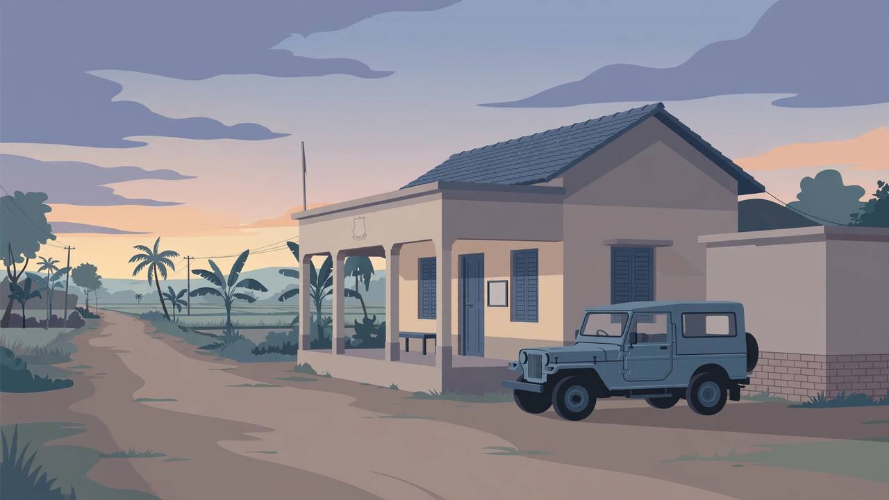 Editorial illustration of a rural police station in West Bengal at dusk